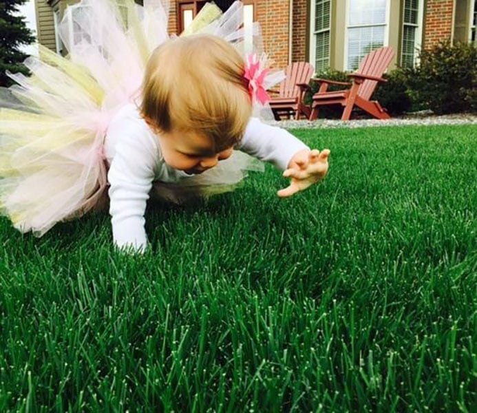 young child in fairy costume crawling in grass